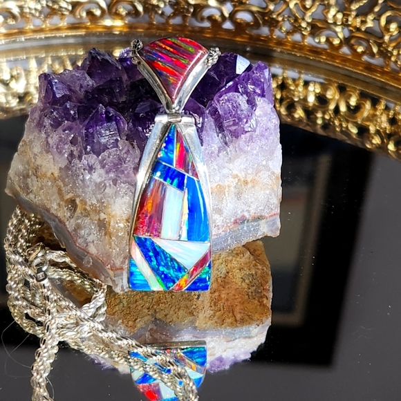 Women's Solid 925 Red, Blue & White Fire Opal Necklace, 925 Solid 20" Rope Chain - Picture 1 of 4